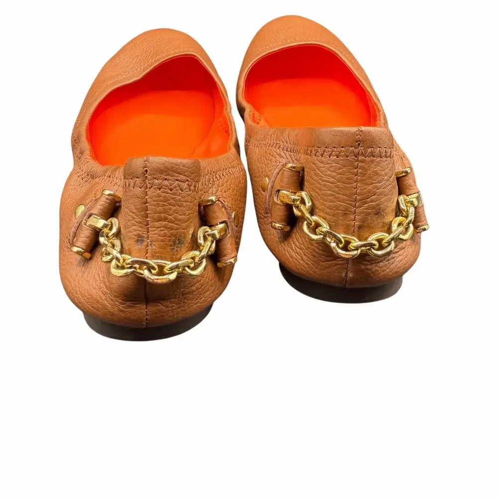Lauren Ralph Lauren BARB Leather Chain Ballet Flats Tan Gold Hardware 9.5B